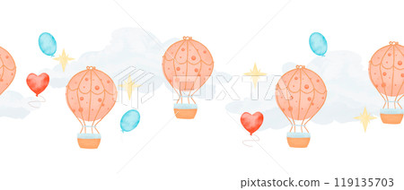 Seamless border with colorful balloons, clouds and stars, watercolor digital illustration for printing and web 119135703