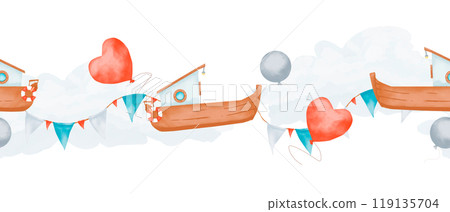 Seamless border with boats, clouds, balloons and triangle flags, watercolor digital illustration for printing and web 119135704