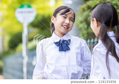 A student talking to a friend at the bus stop 119135856