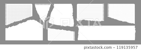 Ripped notebook paper, pieces of pages of school notepad, white scraps of notepaper. Ripped notebook paper, pieces of pages of school notepad, white scraps of notepaper. 119135957