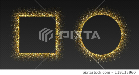 Golden glitter frames, shimmering borders in circle and square shapes, festive holiday sparkles 119135960
