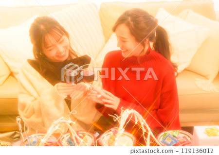 兩個女人用酒慶祝聖誕節 兩個女人用酒慶祝聖誕節 119136012