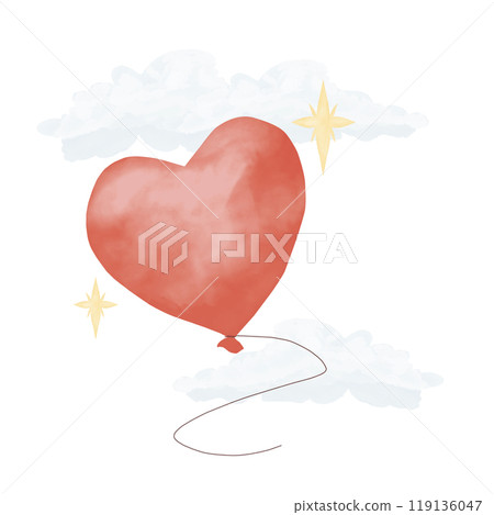 Red balloon in the shape of a heart with clouds and stars. Composition color watercolor marker digital illustration Red balloon in the shape of a heart with clouds and stars. Composition color watercolor marker digital illustration 119136047