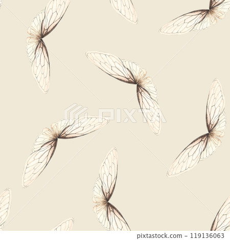 Insect wings hand painted watercolor square seamless pattern on beige background. High quality art perfect for scrapbooking, bed linens, textile, packaging, stationary. Delicate creamy color clip art 119136063