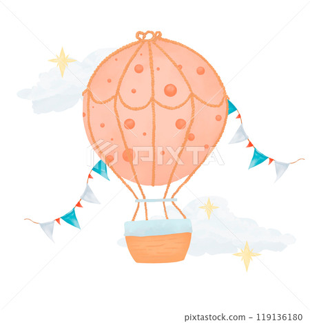 Hot air balloon with garlands, with flags, with clouds and stars, illustration watercolor composition children's digital for print and web 119136180