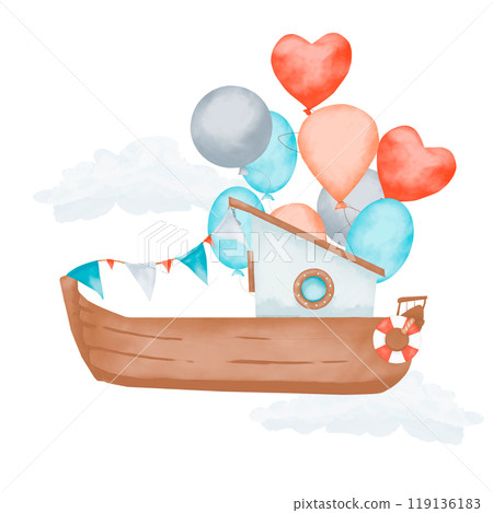 Boat with balloons, flags and clouds, illustration watercolor composition children's digital for print and web Boat with balloons, flags and clouds, illustration watercolor composition children's digital for print and web 119136183
