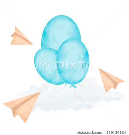 Balloons in the sky with clouds and paper airplanes illustration watercolor children's digital for print and web Balloons in the sky with clouds and paper airplanes illustration watercolor children's digital for print and web 119136184