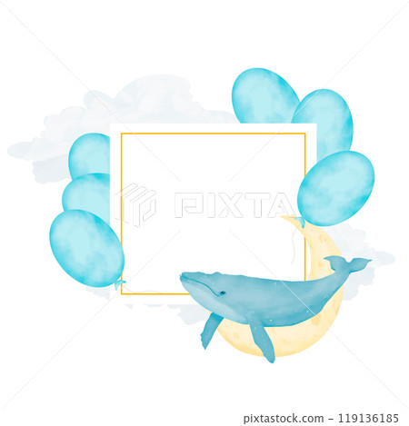 Template square with golden border, with balloons, clouds and new moon, children's copy space watercolor digital illustration with place for text for printing and web 119136185