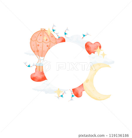 Wreath with clouds, stars, hot air balloon, flags and heart shaped balloons, kids copy space watercolor digital illustration with place for text for printing and web 119136186