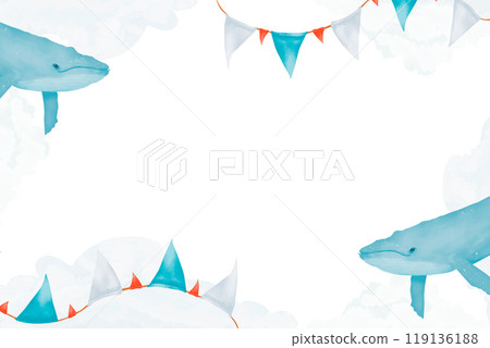 Frame with clouds, whales and garlands with flags, children's copy space watercolor digital illustration with place for text for printing and web 119136188