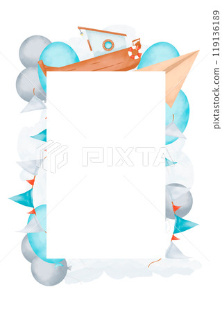 Vertical frame with balloons, flags, paper airplane and boat, children's copy space watercolor digital illustration with place for text for printing and web 119136189