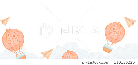 Border with clouds and hot air balloon, with paper airplanes, children's copy space watercolor digital illustration with place for text for printing and web 119136229