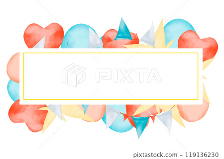 Rectangular template with golden border, with colorful air balloons and flags, children's copy space watercolor digital illustration with space for text for printing and web 119136230