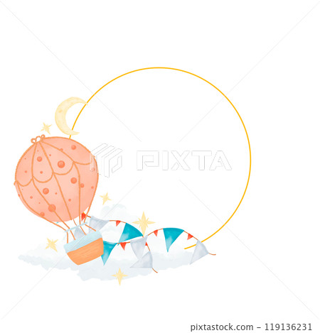 Template round with golden border, with balloon and flags, with clouds, stars and new moon, children's copy space watercolor digital illustration with place for text for printing and web 119136231