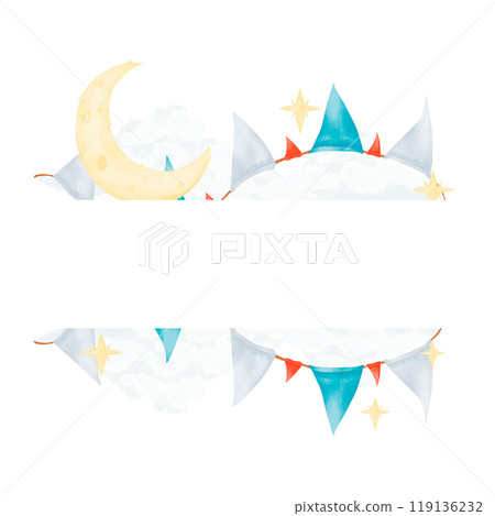Template with clouds, flags and young moon children's copy space watercolor digital illustration with space for text for printing and web 119136232