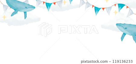 Border backdrop top with clouds, garland with flags and blue whales copy space watercolor digital illustration for printing and web 119136233