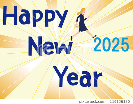 這是2025年新年祝福的插畫素材。一位女商人興奮地慶祝新年。 這是2025年新年祝福的插畫素材。一位女商人興奮地慶祝新年。 119136320