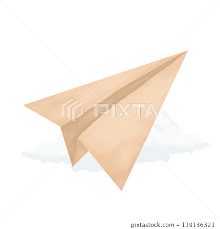 Paper beige and brown airplane flying in the sky with fluffy white clouds watercolor digital illustration for printing and web Paper beige and brown airplane flying in the sky with fluffy white clouds watercolor digital illustration for printing and web 119136321