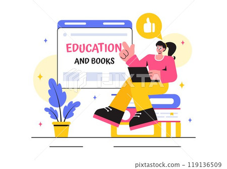 Education and Knowledge Books Vector Illustration featuring People Studying and School Items for Learning in a Flat Style Cartoon Background 119136509