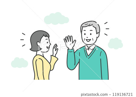 An upper body illustration of an elderly man and a young woman meeting and exchanging greetings outdoors 119136721