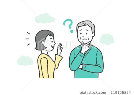 Illustration of an elderly man being greeted by a young woman but forgetting who it is Illustration of an elderly man being greeted by a young woman but forgetting who it is 119136854
