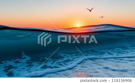 sea wave background with sunset and birds 119136906