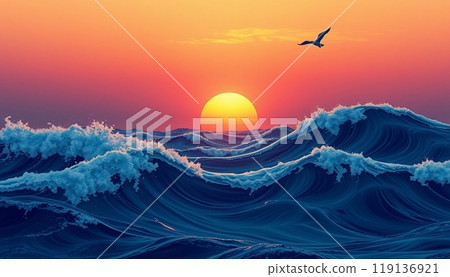 sea wave background with sunset and birds sea wave background with sunset and birds 119136921