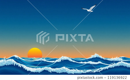 sea wave background with sunset and birds 119136922