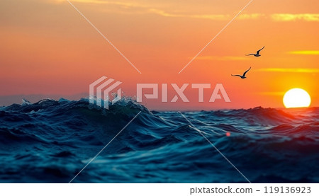 sea wave background with sunset and birds 119136923