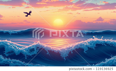 sea wave background with sunset and birds 119136925