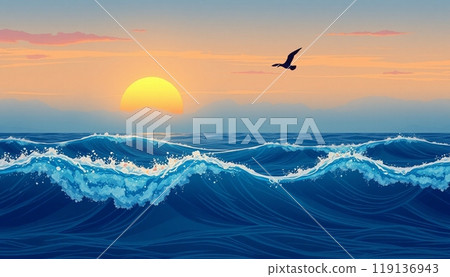 sea wave background with sunset and birds 119136943