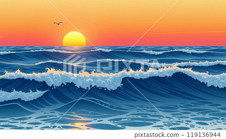 sea wave background with sunset and birds sea wave background with sunset and birds 119136944