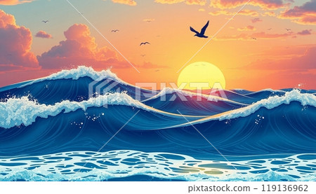 sea wave background with sunset and birds 119136962