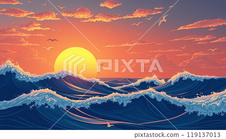 sea wave background with sunset and birds 119137013
