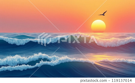 sea wave background with sunset and birds 119137014
