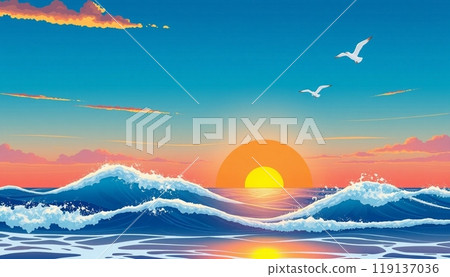 sea wave background with sunset and birds 119137036