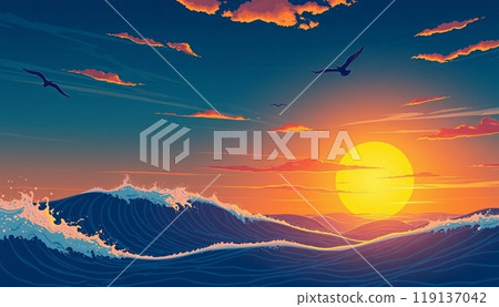 sea wave background with sunset and birds 119137042