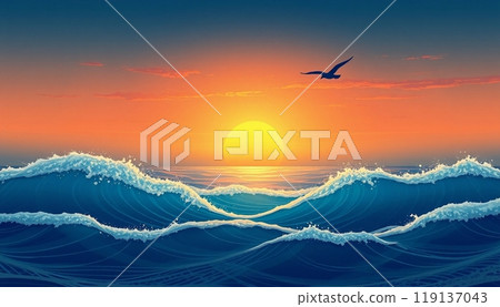 sea wave background with sunset and birds 119137043