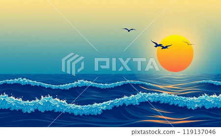 sea wave background with sunset and birds 119137046