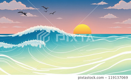 sea wave background with sunset and birds 119137069