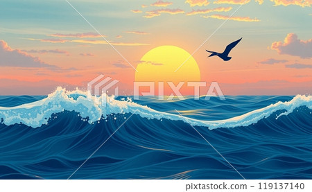 sea wave background with sunset and birds 119137140