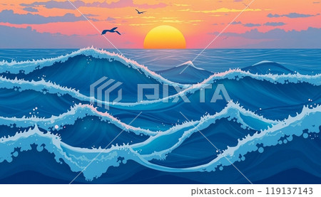sea wave background with sunset and birds 119137143