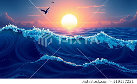 sea wave background with sunset and birds 119137221