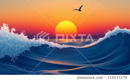 sea wave background with sunset and birds 119137279