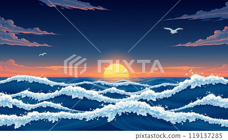 sea wave background with sunset and birds 119137285