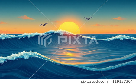 sea wave background with sunset and birds 119137304