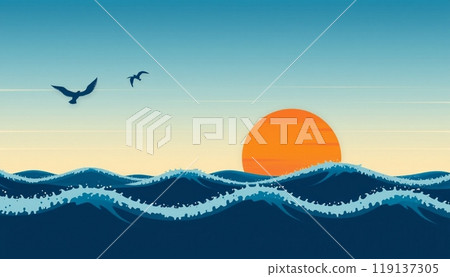 sea wave background with sunset and birds 119137305