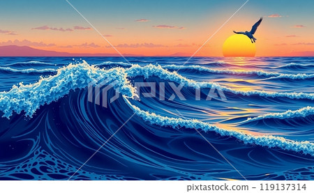sea wave background with sunset and birds 119137314