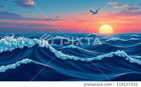 sea wave background with sunset and birds 119137316