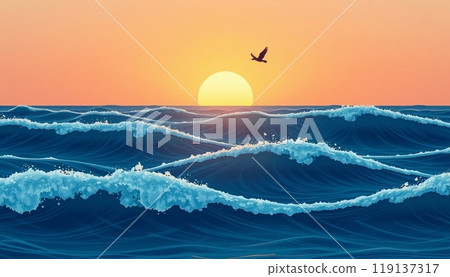 sea wave background with sunset and birds 119137317